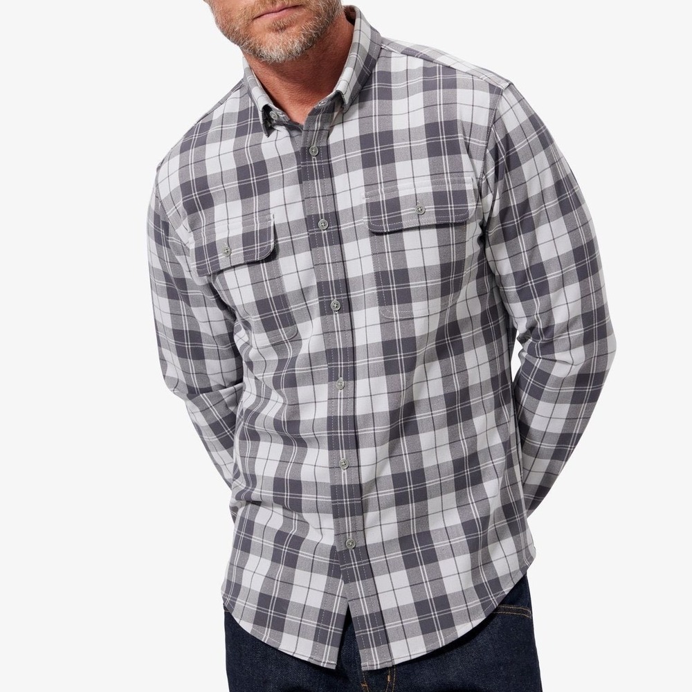 Mizzen+Main Upstate Flannel Gray Plaid Regular Fit Performance Shirt Mens Medium
